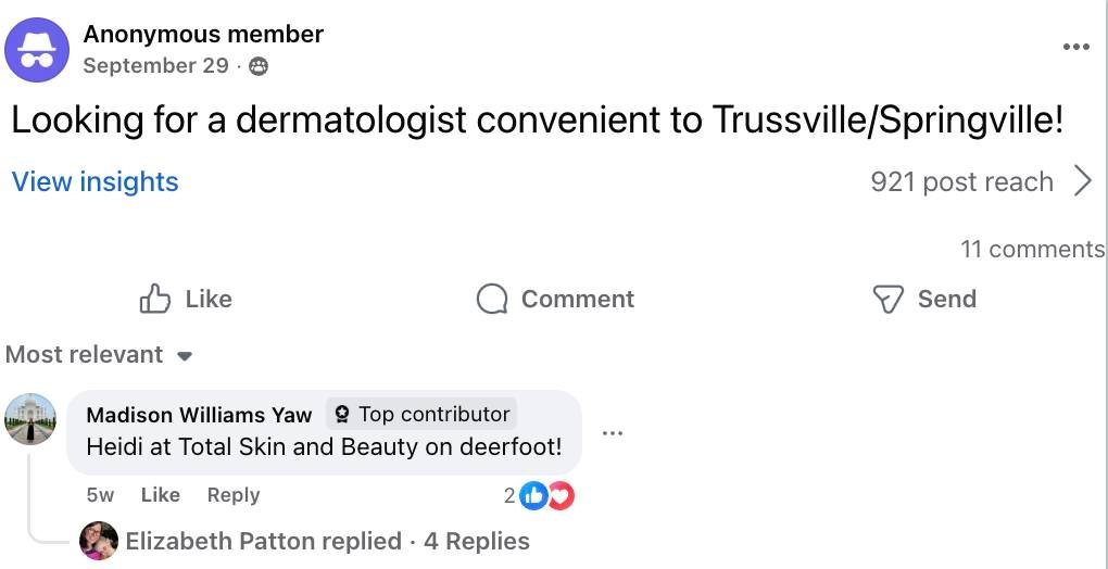 Looking for a dermatologist post from the Trussville Moms Gorup on Facebook